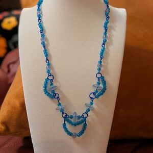 Vintage Handmade Blue Wire And Glass Bead Necklace